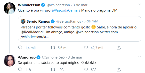 Simone entrou na brincadeira para trazer Sergio Ramos ao Vasco