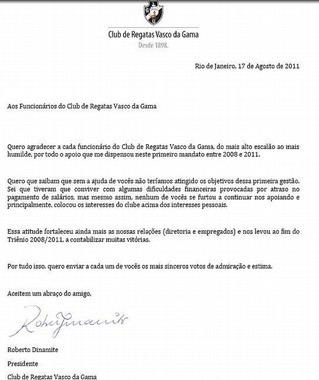 Carta de Roberto à funcionários