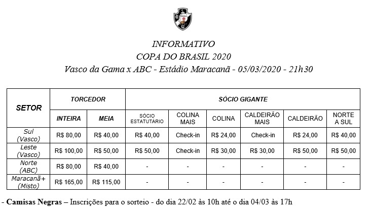 Ingressos para Vasco x ABC-RN