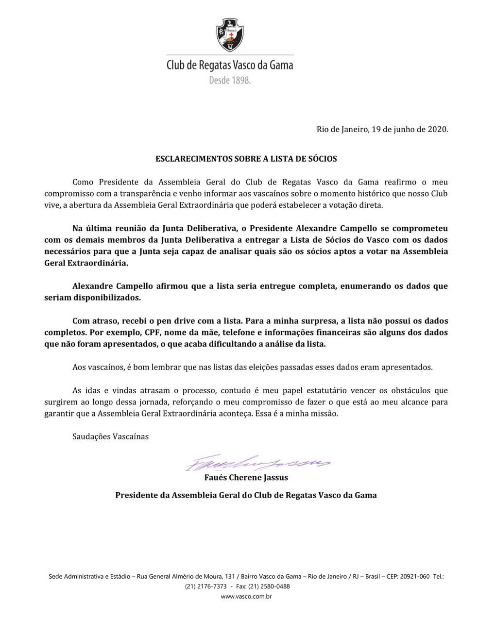 Nota oficial do presidente da Assembleia Geral do Vasco