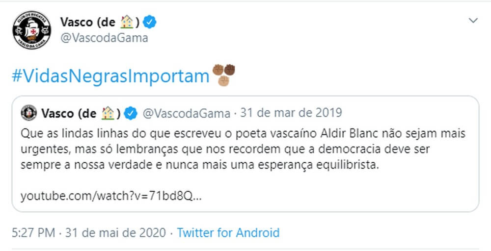 Vasco posta #VidasNegrasImportam