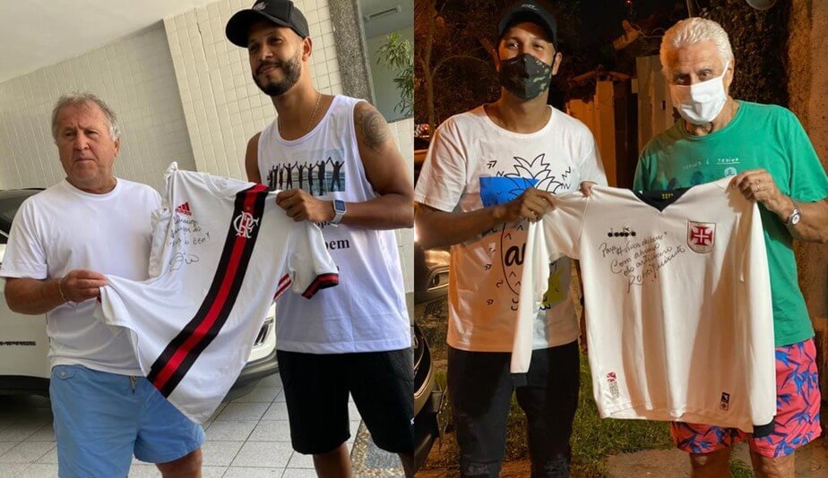 Zico e Dinamite com camisas de rifa