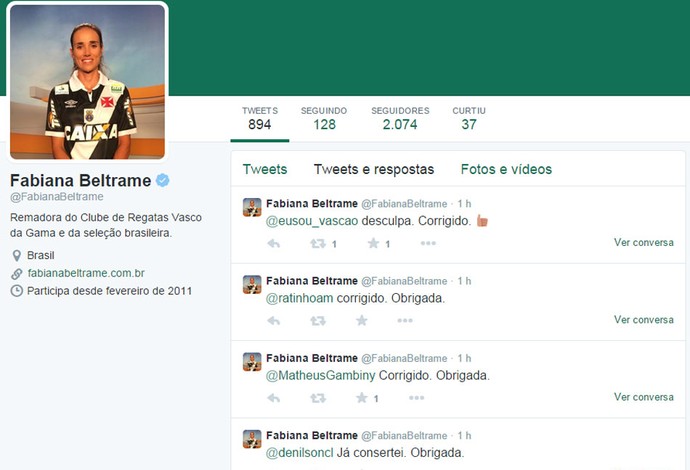 Fabiana Beltrame corrigi perfil do Twitter