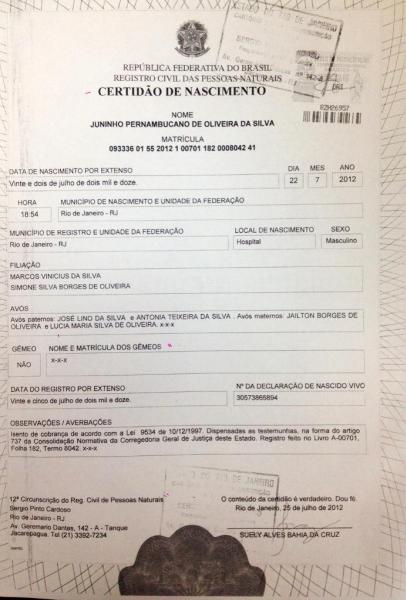 Certidão do novo Juninho Pernambucano