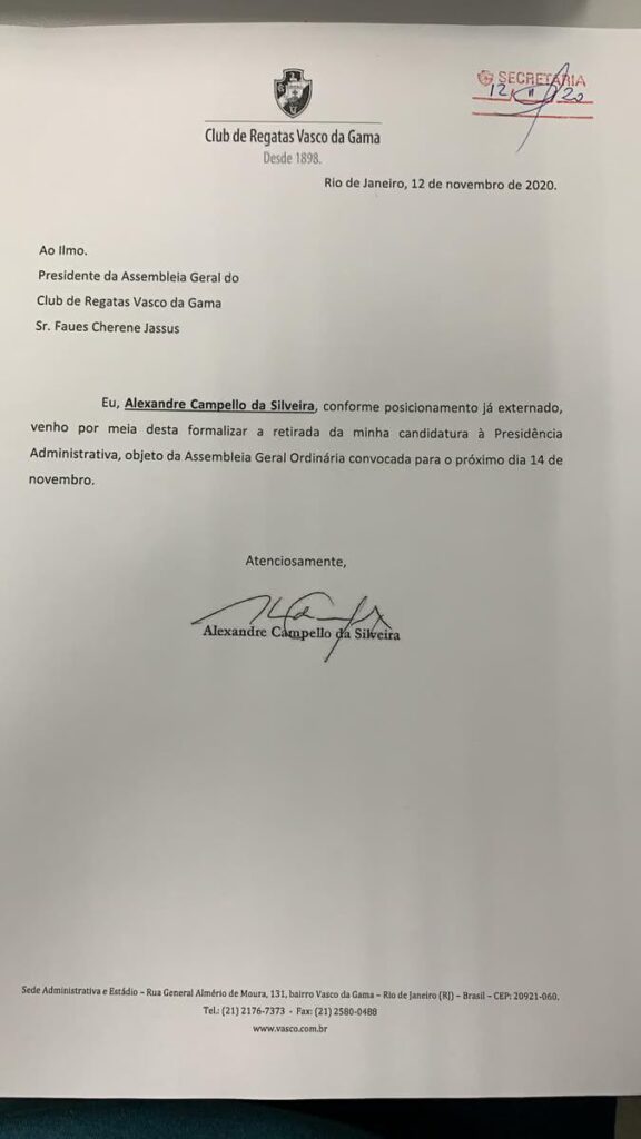 Carta de Alexandre Campello oficializando desistência de concorrer à reeleição