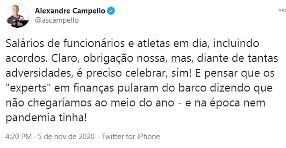 Campello anuncia salários em dia no Vasco 