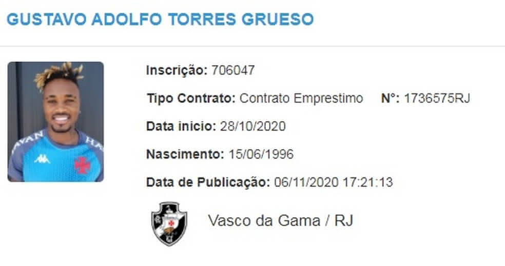Registro de Gustavo Torres no BID da CBF