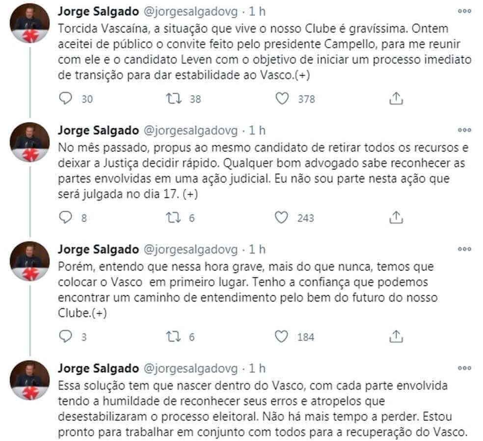 Jorge Salgado se manifesta em rede social