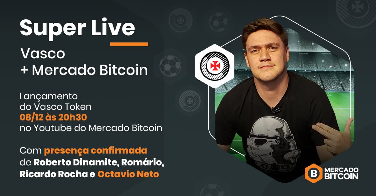 Flyer oficial da live do Mercado Bitcoin para o lançamento do Vasco Token
