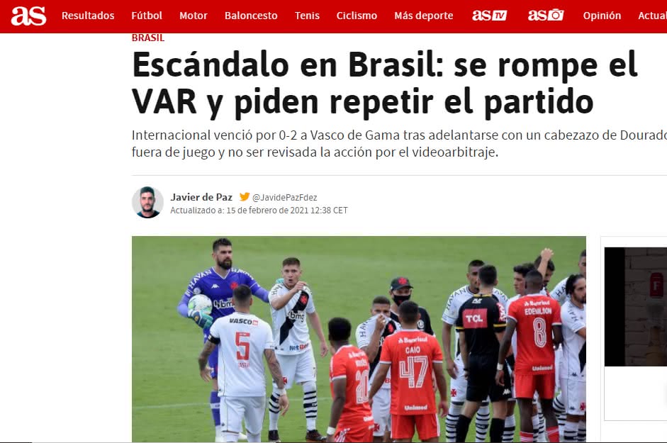 Jornal AS repercute polêmica do VAR em jogo do Vasco