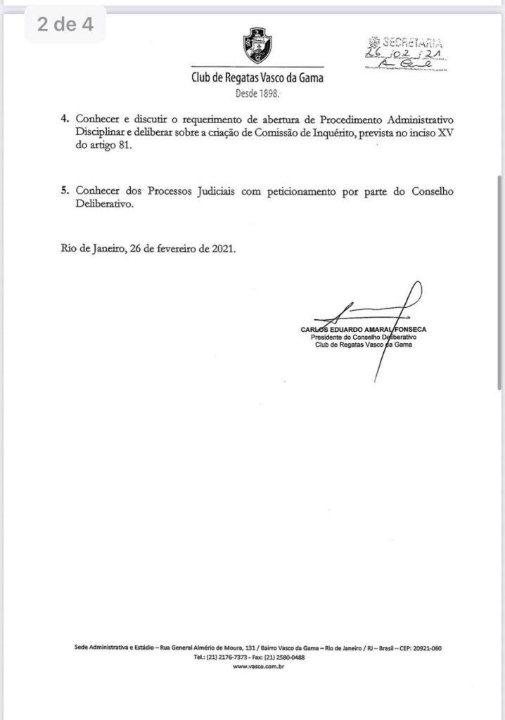 Parte 2 do Edital de Convocação para reunião do Conselho Deliberativo do Vasco em 04 de março de 2021