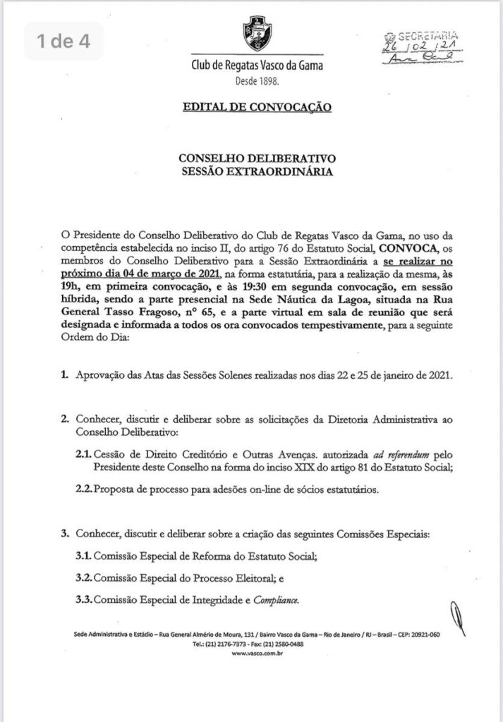 Parte 1 do Edital de Convocação para reunião do Conselho Deliberativo do Vasco em 04 de março de 2021