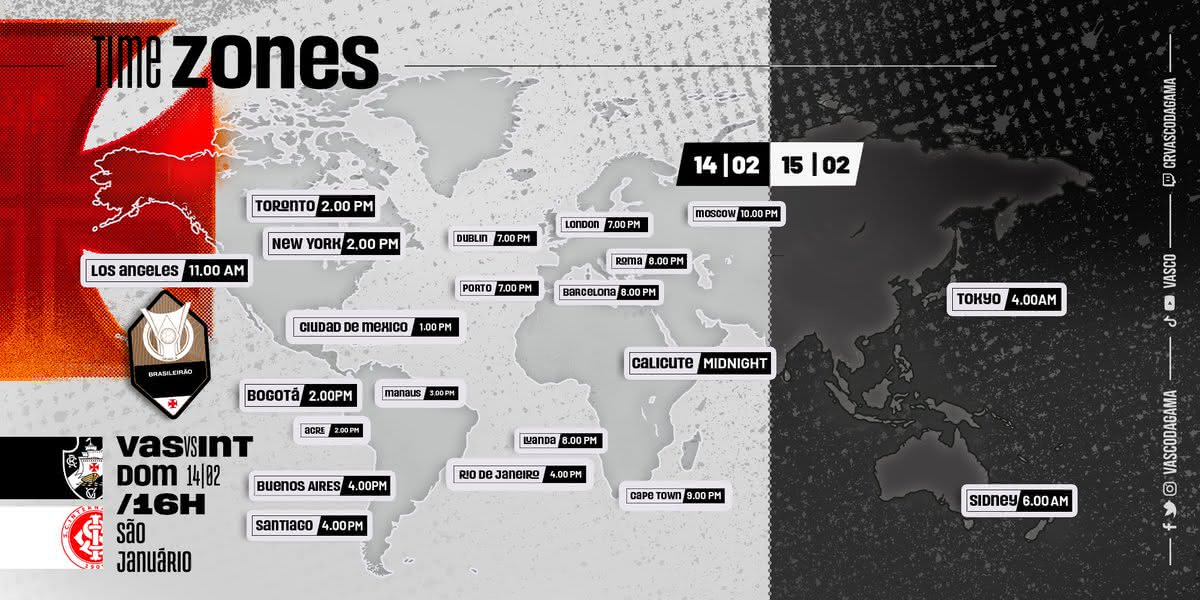 Time zones de Vasco x Inter pela 36ª rodada do Brasileiro 2020