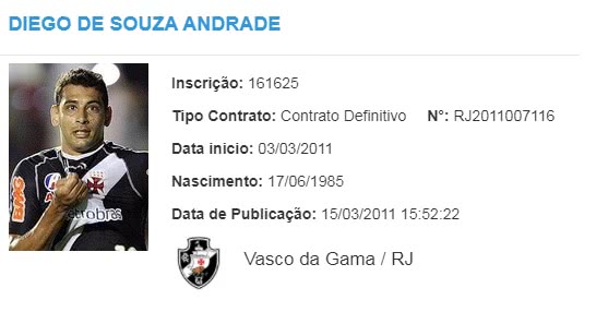 Registro de Diego Souza no Vasco em 2011