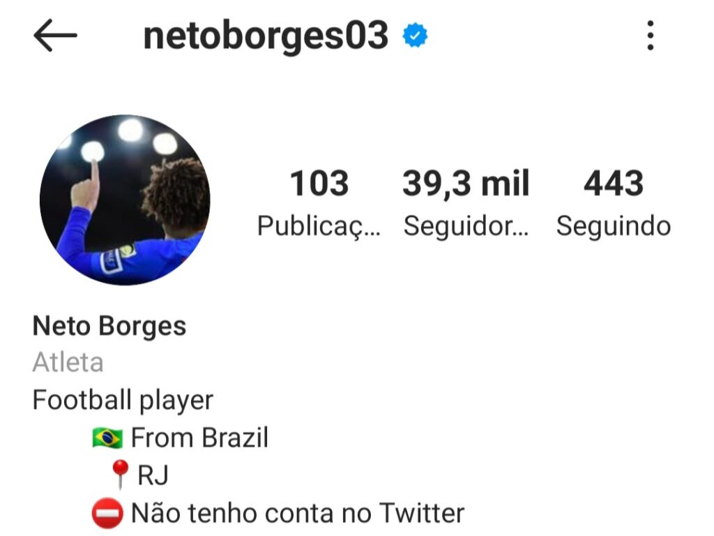 Instagram de Neto Borges sem a foto de perfil com a camisa do Vasco