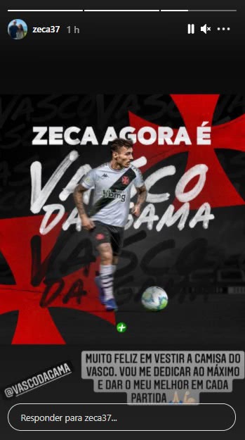 No Instagram, Zeca celebra chegada ao Vasco