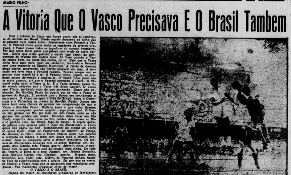 Mário Filho celebrou a primeira vitória do Vasco em artigo com imagem de lance do Maracanazo (Foto: Reprodução)