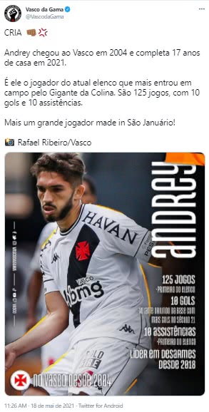 Vasco destaca números de Andrey pelo Clube