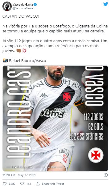 Vasco destaca marca de Leandro Castan pelo Clube