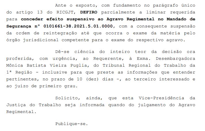 Trecho da decisão proferida pelo TST a favor do Vasco da Gama