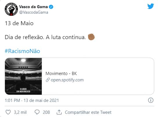 Vasco publica sobre o 13 de maio