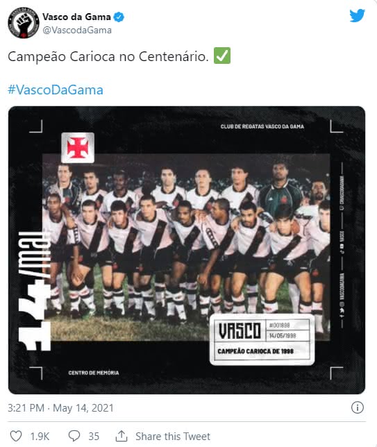 Twitter do Vasco destaca os 23 anos da conquista do Carioca de 98