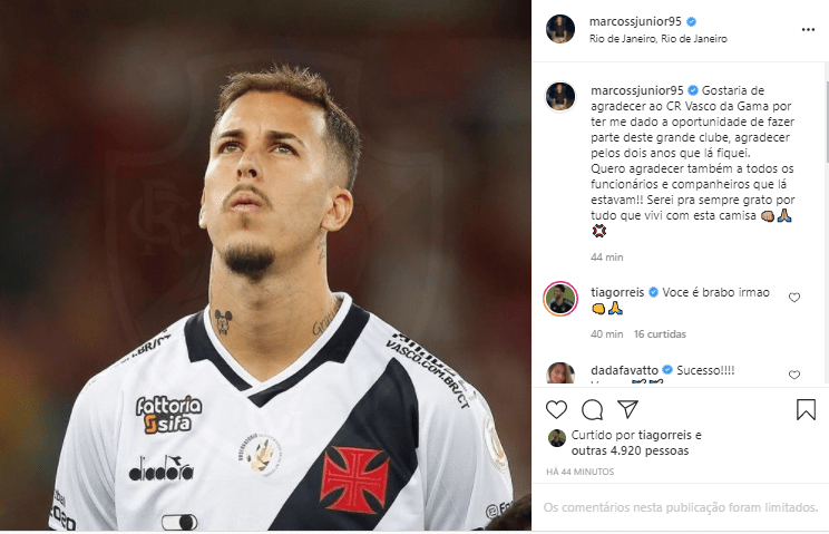 Marcos Júnior se despede do Vasco no Instagram