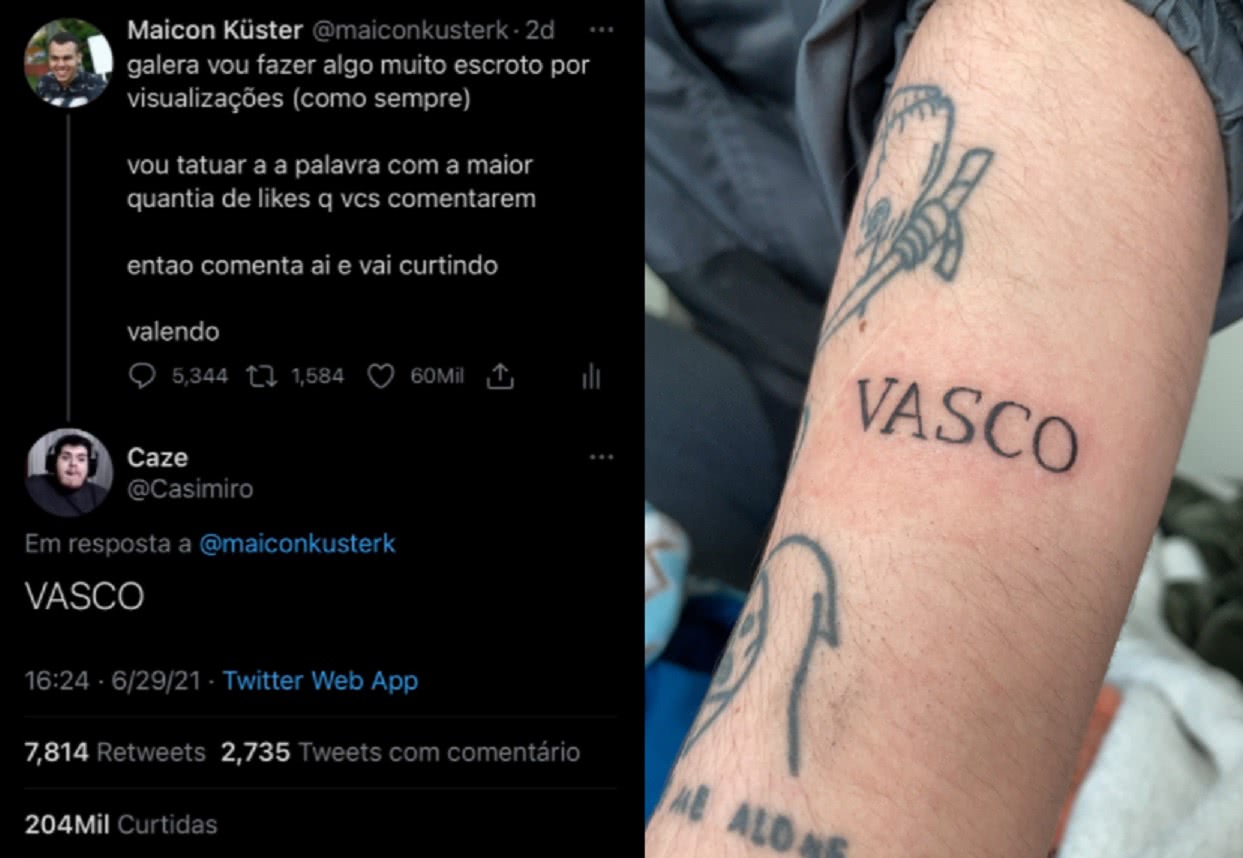 Maicon Küster mostrou a tatuagem com o nome 'Vasco' no braço