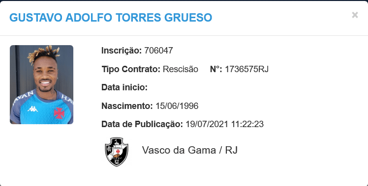 Rescisão de Gustavo Torres com o Vasco é publicada