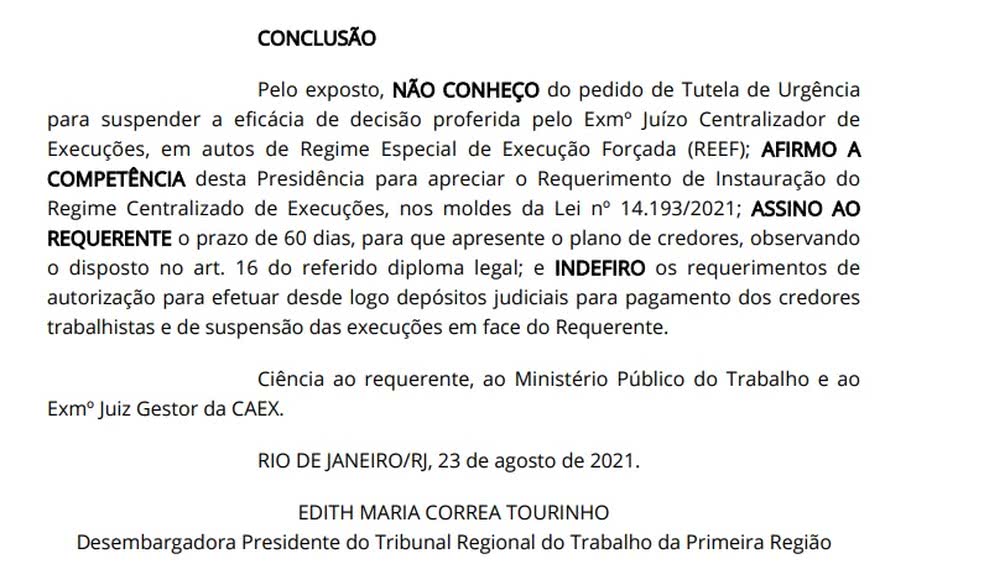 Decisão da desembargadora sobre a RCE e a Reef