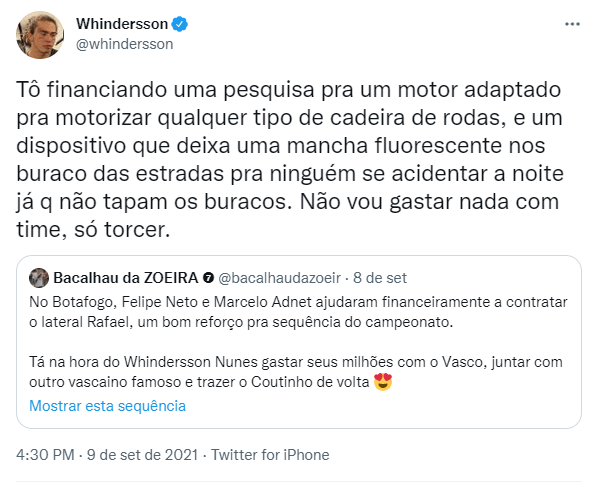 Whindersson Nunes descarta investir no Vasco