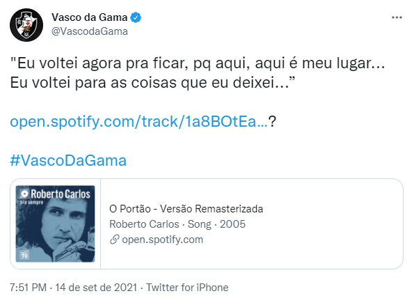 Vasco destaca música de Roberto Carlos antes do anúncio de Nenê