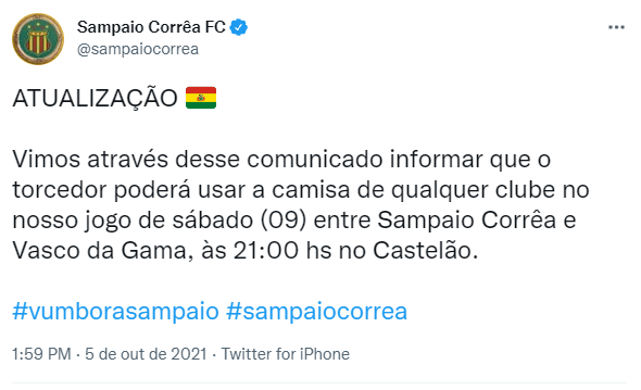 Sampaio Corrêa libera torcida com a camisa do visitante