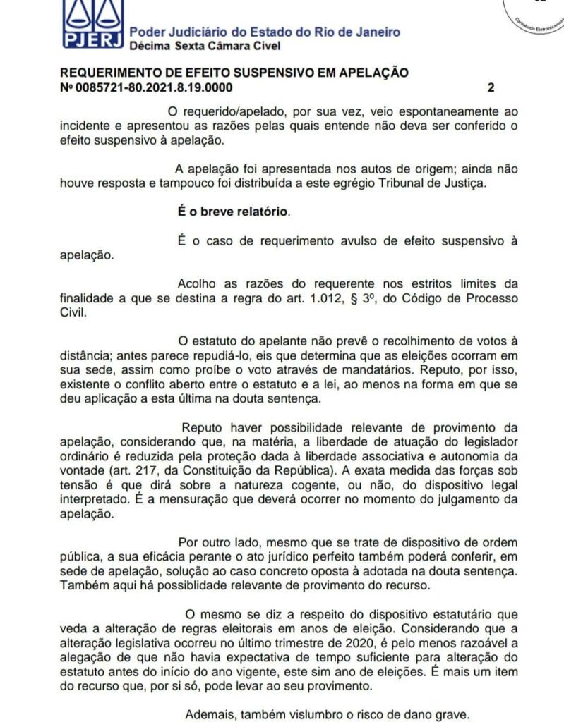 Decisão do Tribunal de Justiça vendando eleição virtual no Flamengo