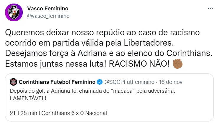Vasco repudia caso de racismo contra jogadora do Corinthians