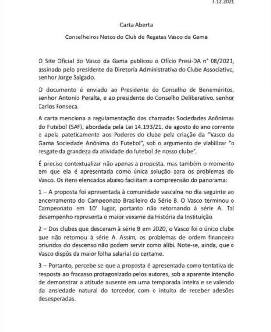 Primeira página da carta dos beneméritos com críticas a Salgado e a SAF