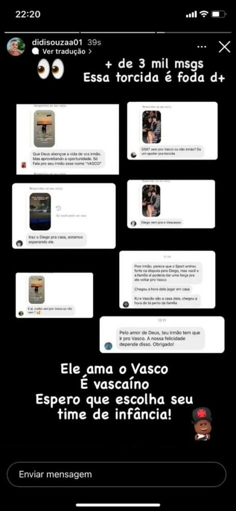 Instagram de Diogo, irmão de Diego Souza, pedindo retorno do jogador ao Vasco