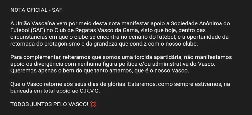 Nota da União Vascaína