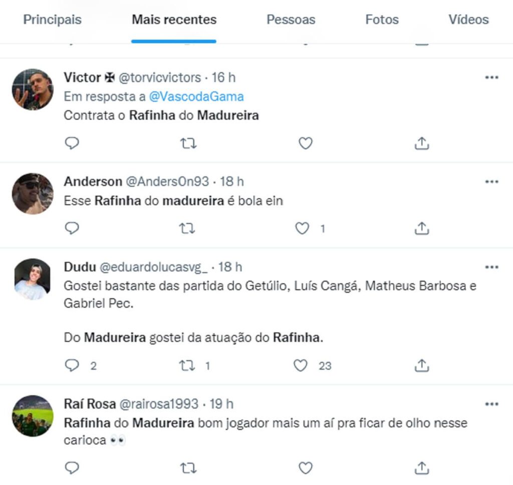 Menções a Rafinha no Twitter após boa atuação contra o Vasco