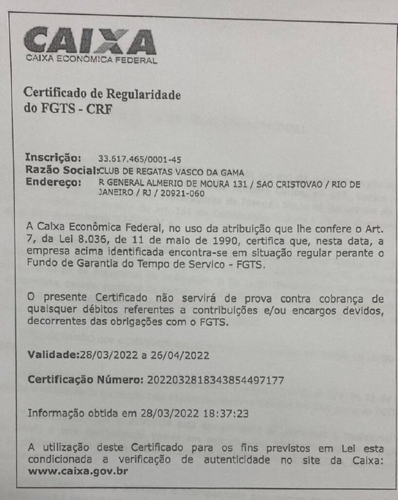 Certificado de Regularidade do FGTS obtido pelo Vasco em 28 de março de 2022