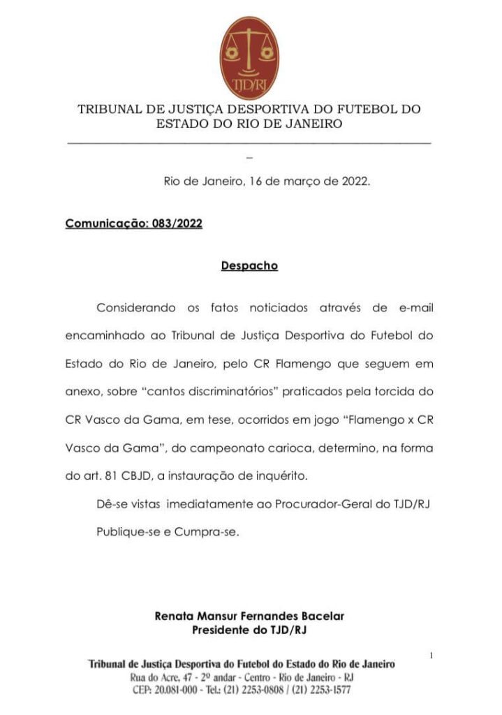 Denúncia do Flamengo contra o Vasco no TJD-RJ em 16 de março de 2022