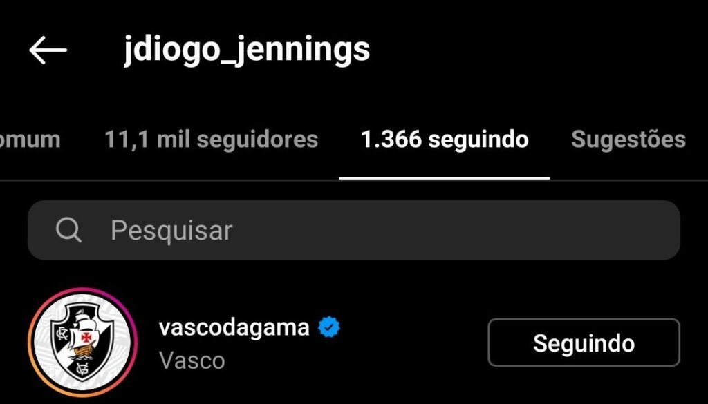 João Diogo passa a seguir o Vasco no Instagram