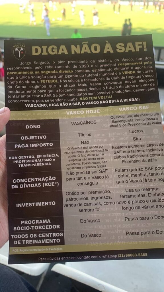 Oposição produz panfleto com pontos contrários à SAF no Vasco