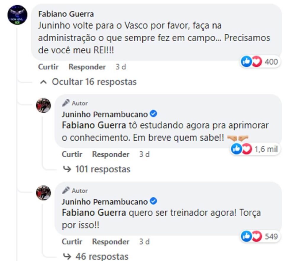Conversa de Juninho Pernambucano com torcedor do Vasco no Facebook
