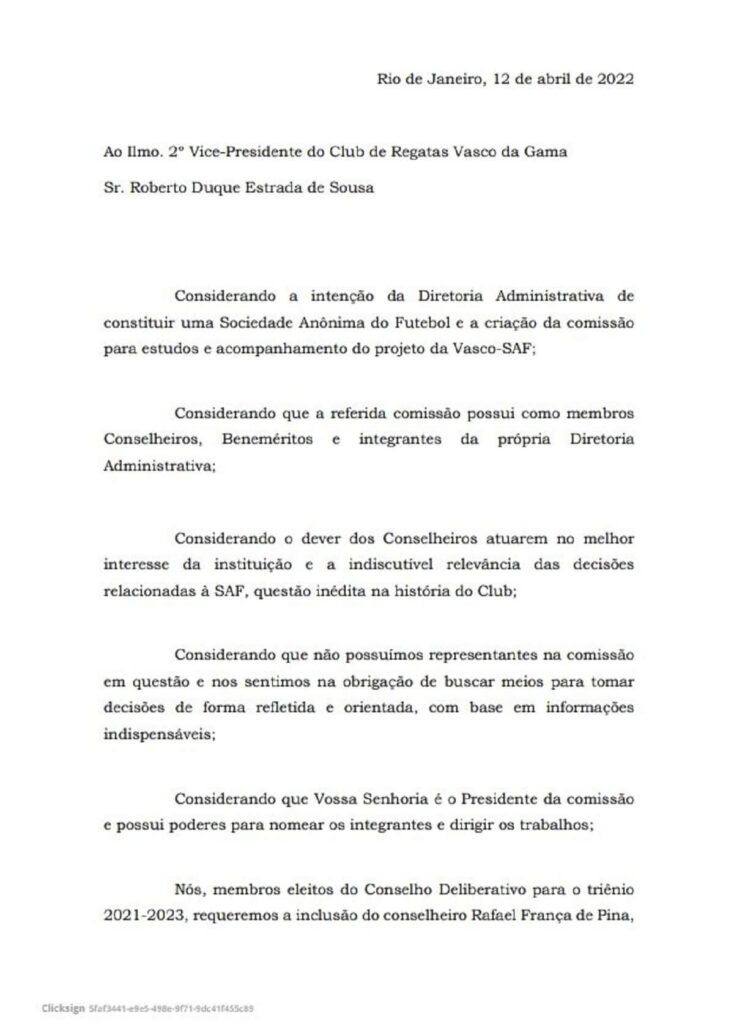 Ofício de conselheiros do Vasco pedindo inclusão na comissão de análise da SAF