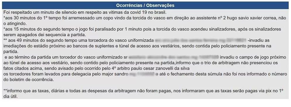 Súmula de Tombense 1x1 Vasco