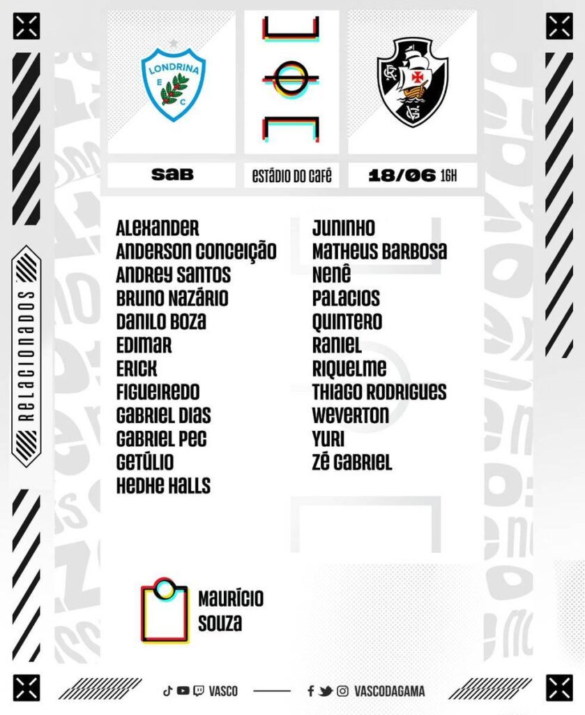 Relacionados do Vasco para o jogo contra o Londrina