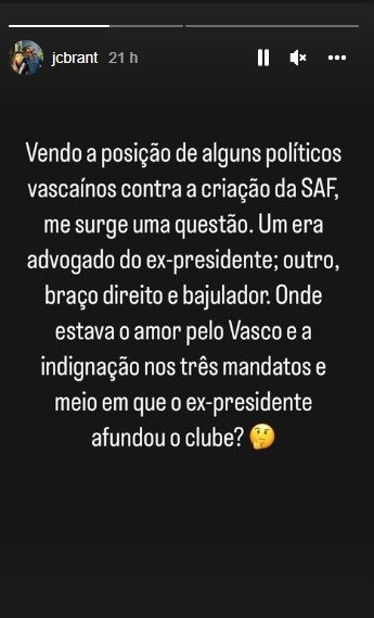 Julio Brant questiona políticos vascaínos quanto a SAF