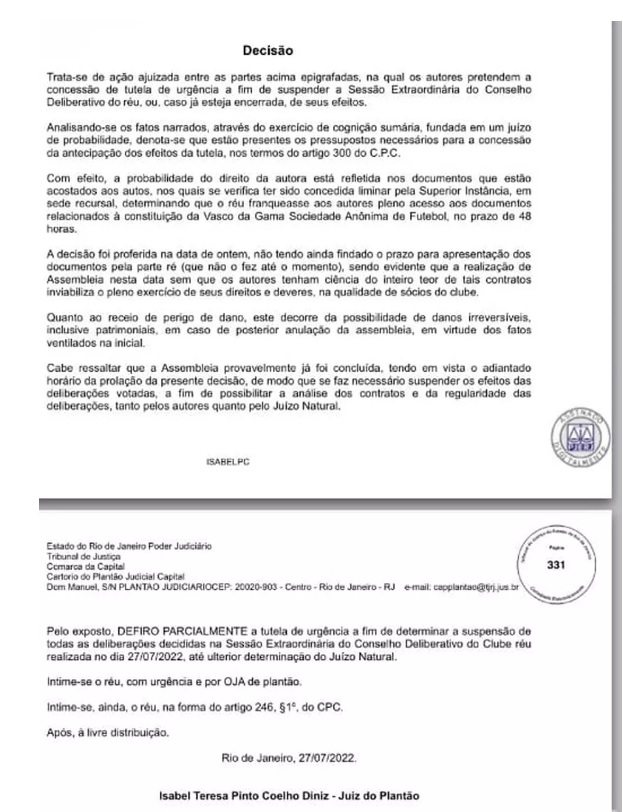 Justiça suspende efeito de reunião do CD do Vasco