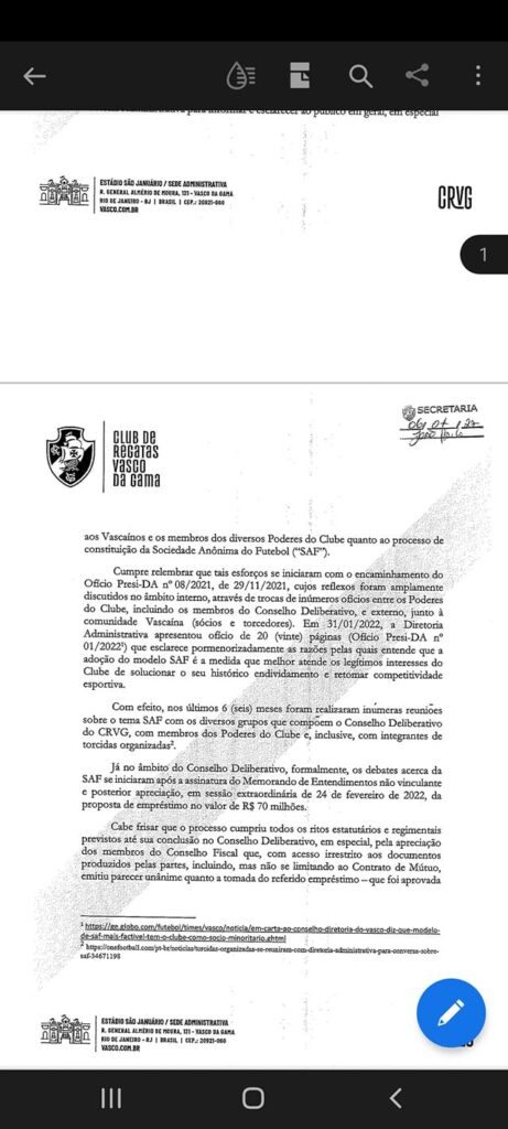 Resposta de Carlos Fonseca ao pedido dos conselheiros sobre o contrato